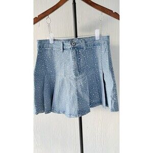 Balboa Rhinestone Pleated Denim Miniskirt - Women's Size L Y2K Light Wash